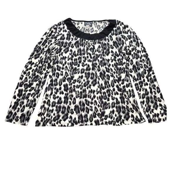 Southern Lady Tops - Southern Lady Leopard Print Blouse Women's Size L Grey Black Pleated Scoop Neck